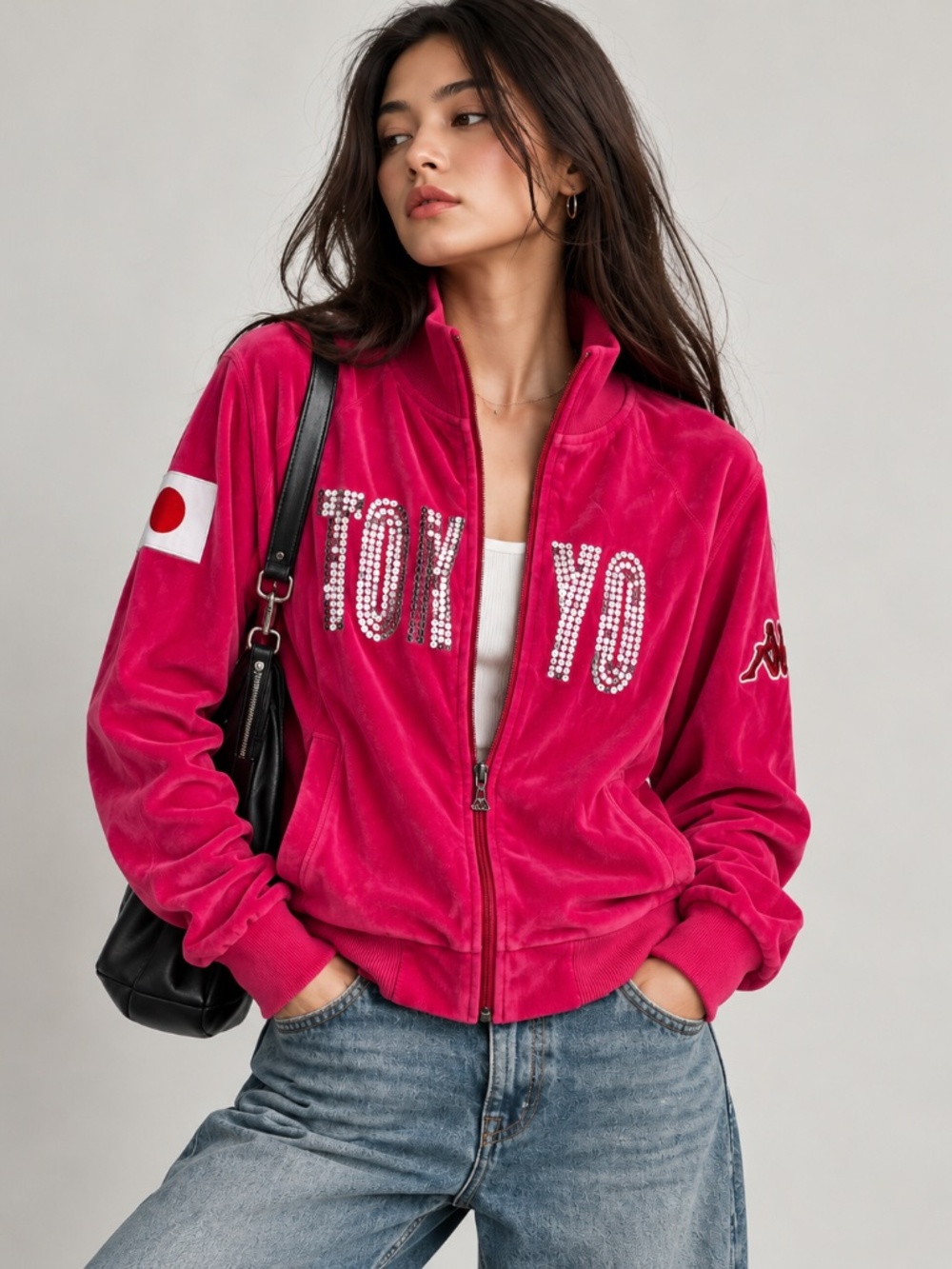 Kappa Tokyo Japan Velour Track Jacket XL Hot Pink Rhinestone Y2K